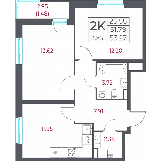 2-комнатная 53,27 м²