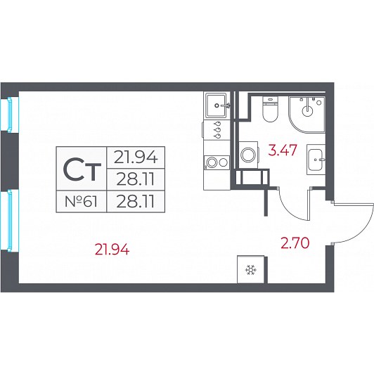 Студия 28,11 м²