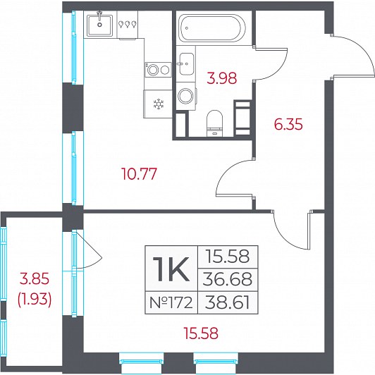 1-комнатная 38,61 м²