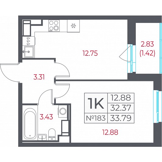 1-комнатная 33,79 м²