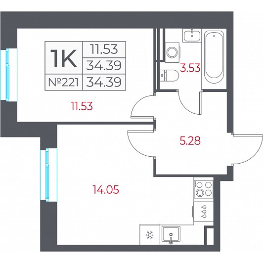 1-комнатная 34,39 м²