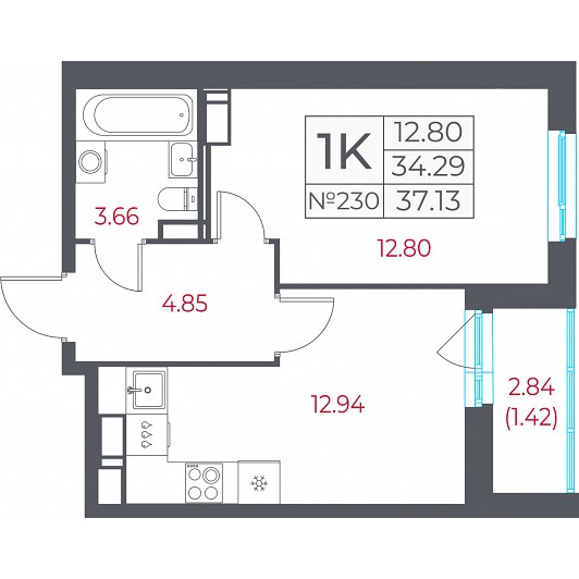 1-комнатная 37,13 м²