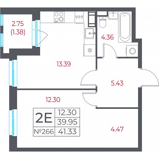 1-комнатная 41,33 м²