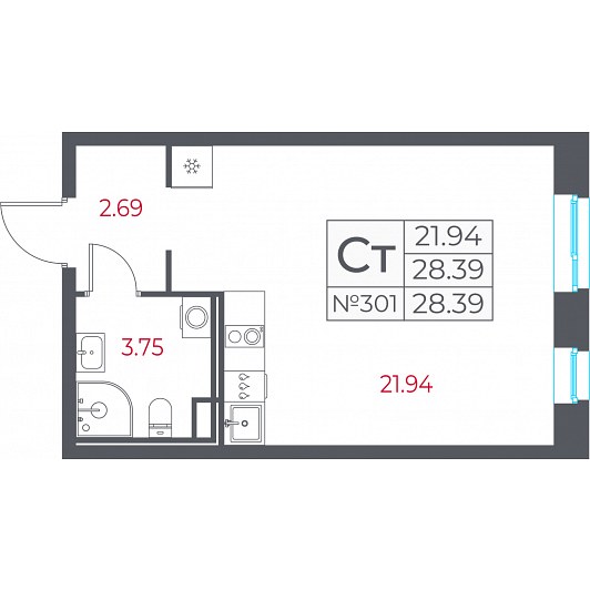 Студия 28,39 м²