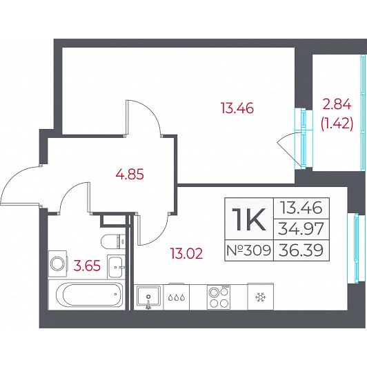 1-комнатная 36,39 м²