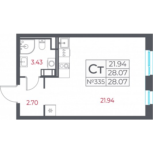 Студия 28,07 м²