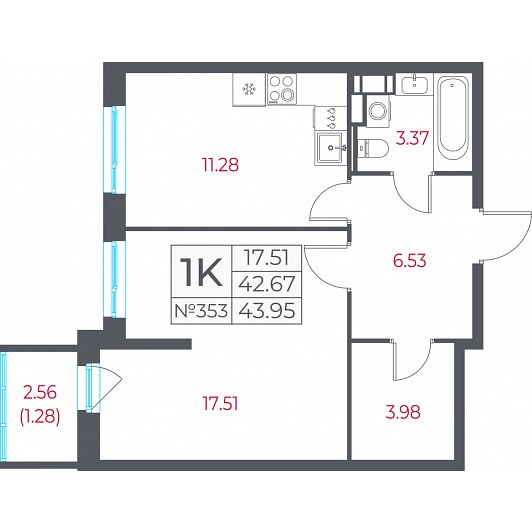 1-комнатная 43,95 м²