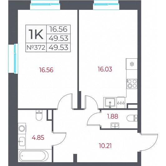 1-комнатная 49,53 м²