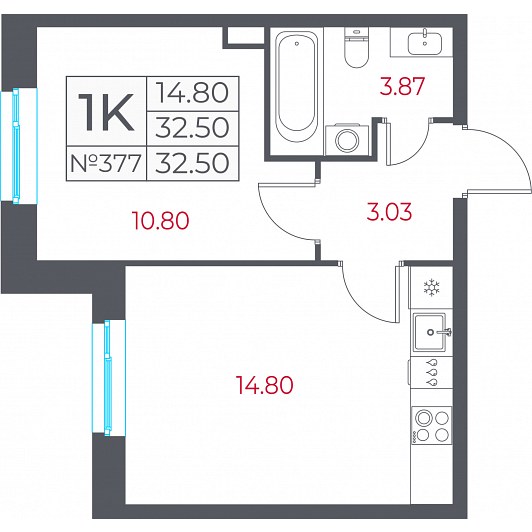 1-комнатная 32,50 м²