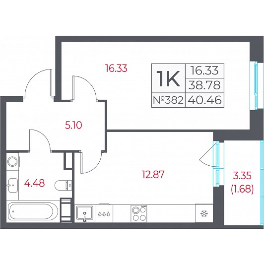 1-комнатная 40,46 м²
