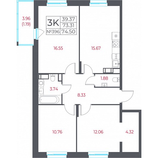 3-комнатная 74,50 м²