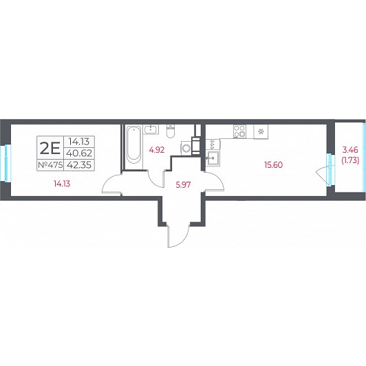 1-комнатная 42,35 м²