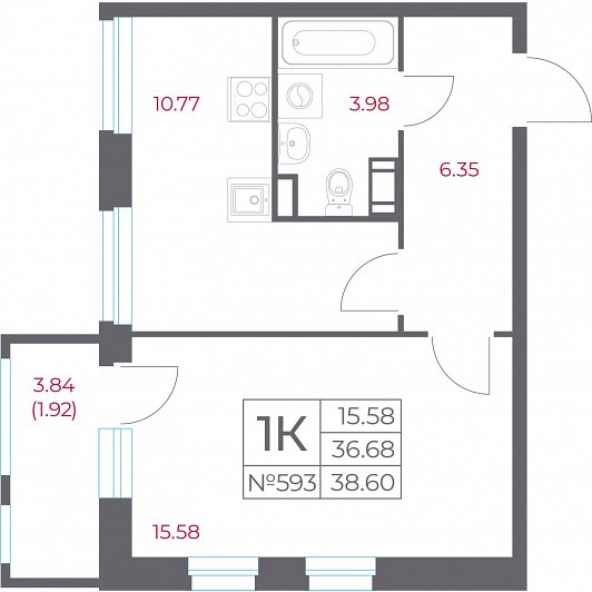 1-комнатная 38,60 м²