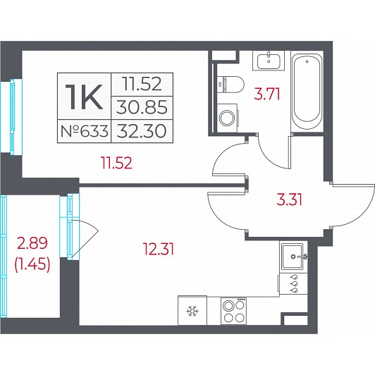 1-комнатная 32,30 м²