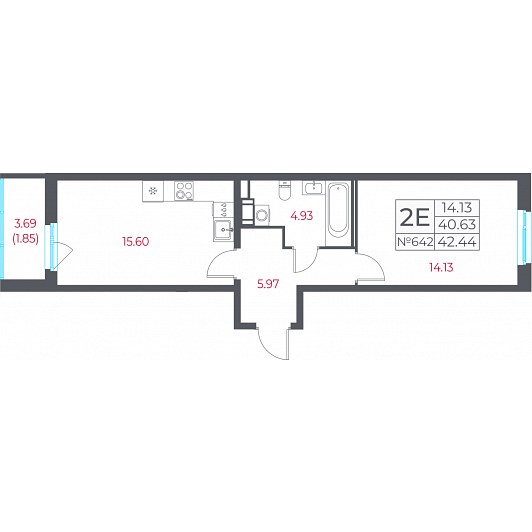1-комнатная 42,44 м²