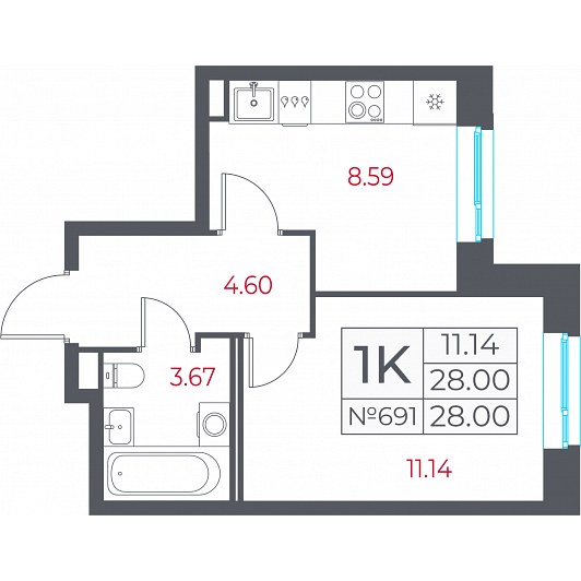 1-комнатная 28 м²