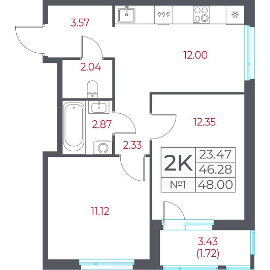 2-комнатная 48 м²