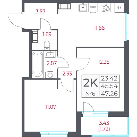 2-комнатная 47,26 м²