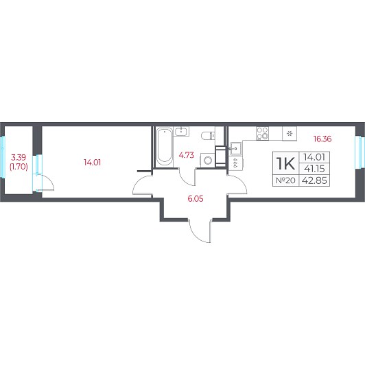 1-комнатная 42,85 м²