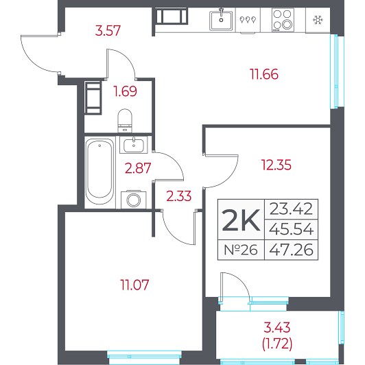 2-комнатная 47,26 м²
