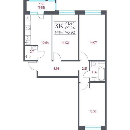 3-комнатная 70,92 м²