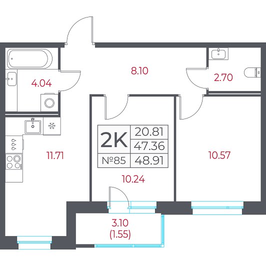 2-комнатная 48,91 м²