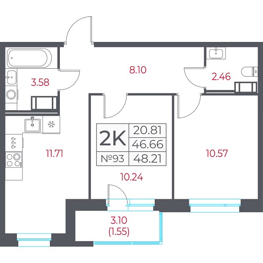 2-комнатная 48,21 м²