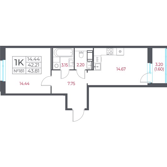 1-комнатная 43,81 м²