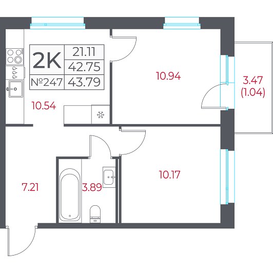 2-комнатная 43,79 м²